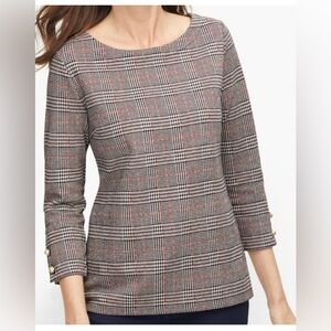 Talbots Pearl Button Cuff Top Plaid Houndstooth Print Bateau Neckline Sz Sm EUC
